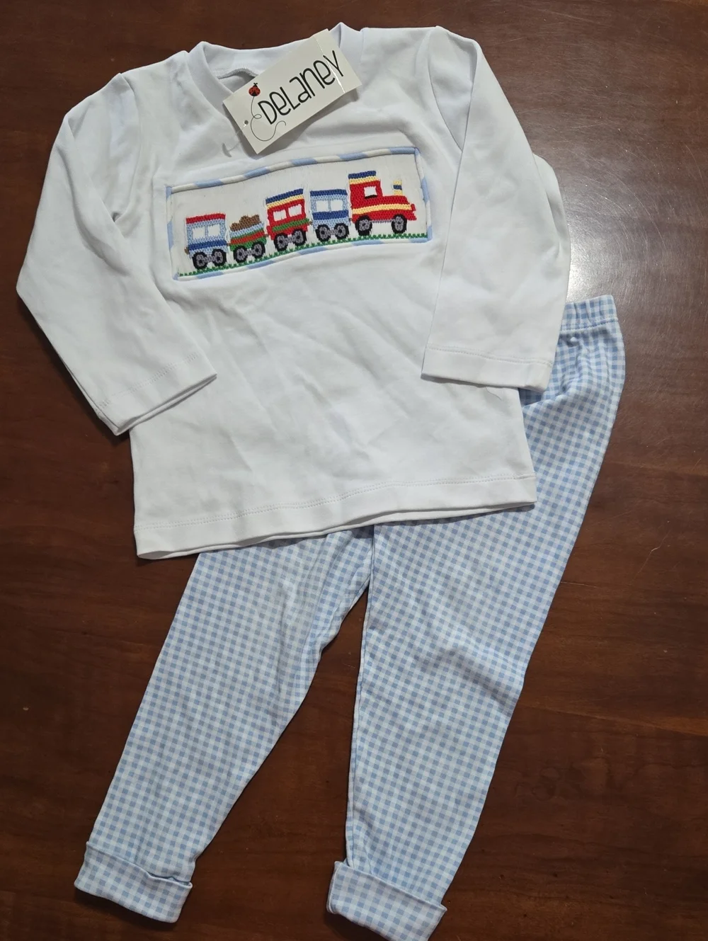 Delaney White and Light Blue Train-Embroidered Kids Smocked Set